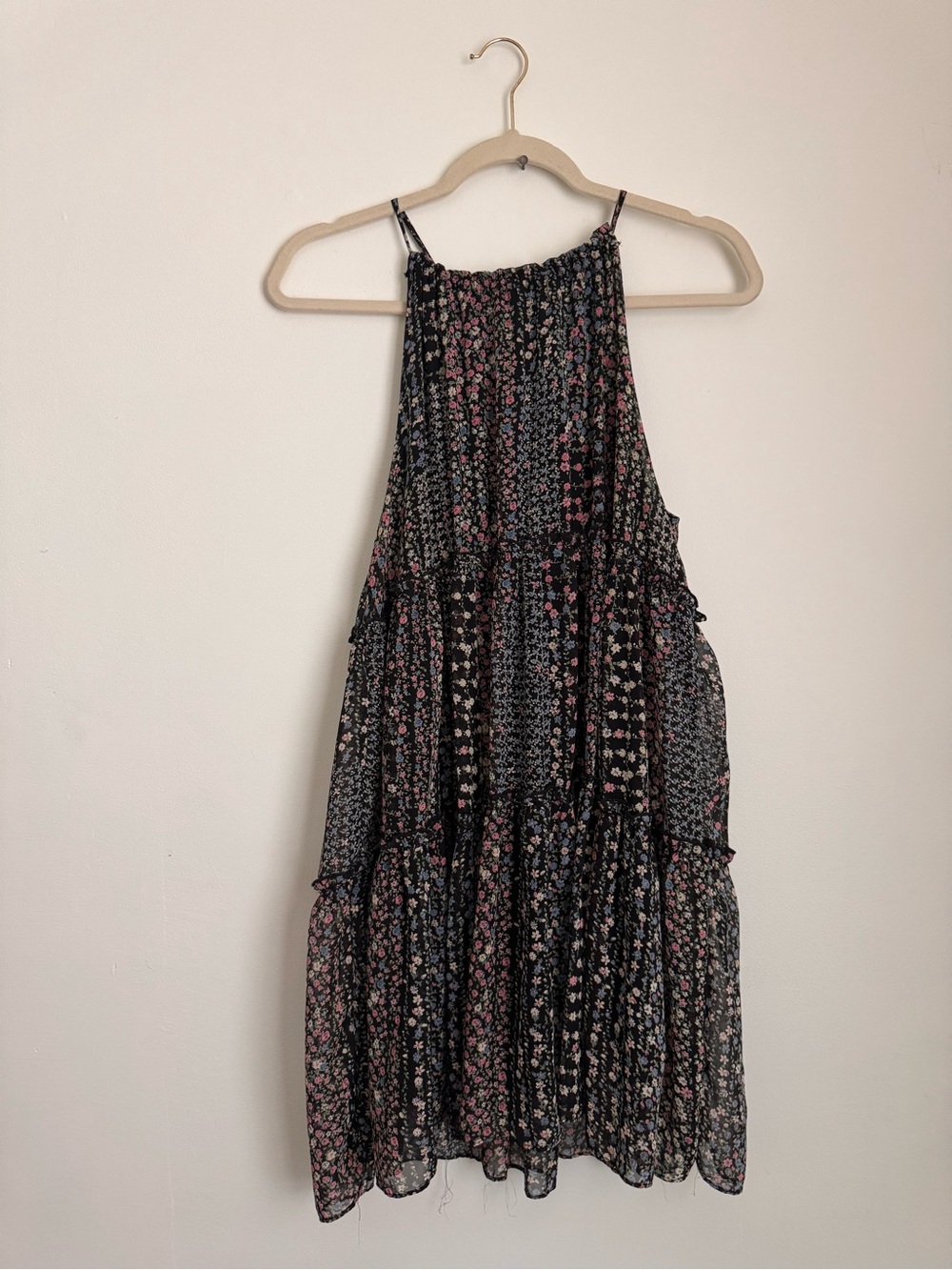 Floral Tiered Halter Sundress - Black with Pink Floral - Size M